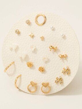 Heart Pearl Bow Butterfly Floral Stud And Hoop Earrings Set